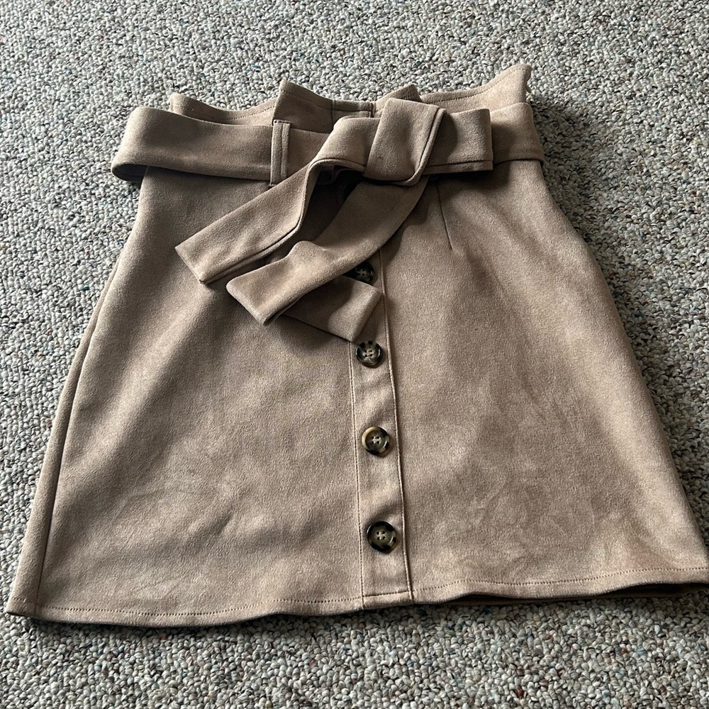 Amazon Taupe High-Waist Button-Front Mini Skirt with Self-Tie Belt